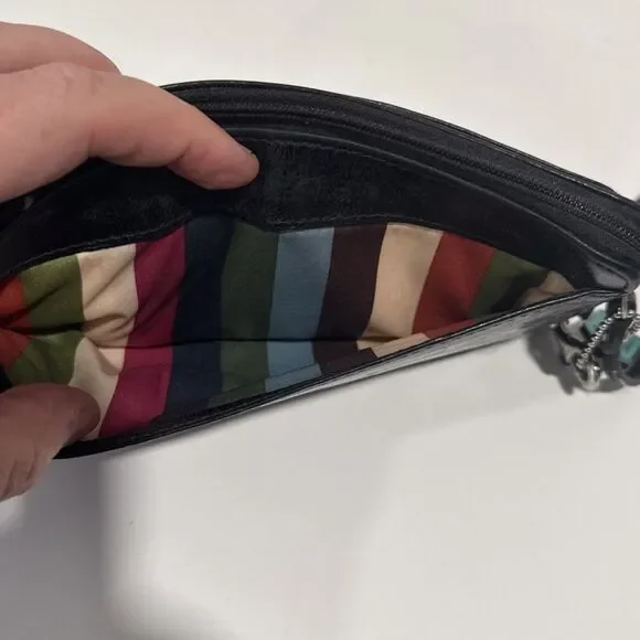 Coach Wristlet Black Leather Wallet Double Zip Striped Legacy Satin Lining 8x4 - Picture 14 of 16